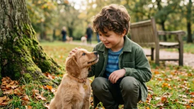 A young boy crouching down to pet a golden retriever puppy wearing a collar in a park during autumn.