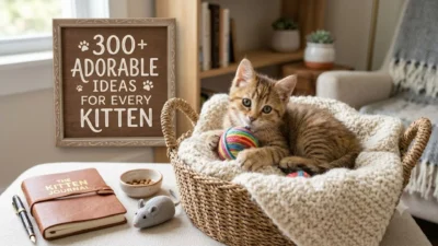 A cute tabby kitten playing with a colorful yarn ball inside a cozy basket next to a wooden sign.