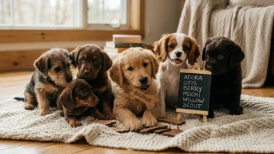 A group of adorable puppies sitting together on a blanket next to a small chalkboard listing cute dog names.