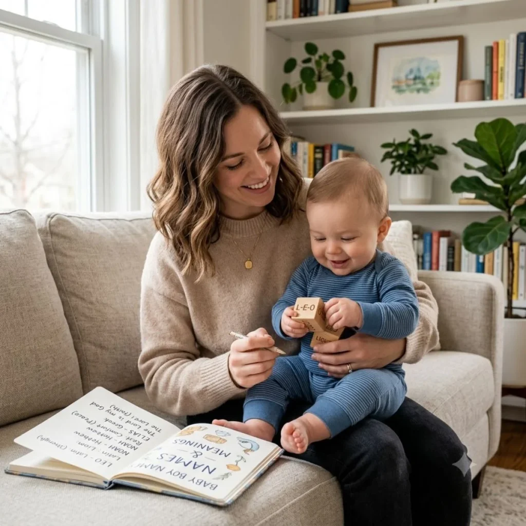 A mother holding a pen smiles at her baby boy playing with wooden blocks next to a book of baby boy names and meanings.