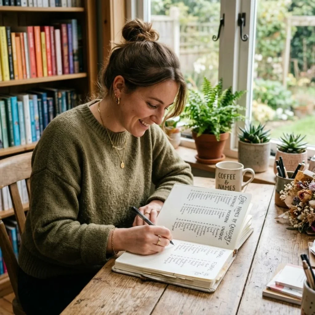 A smiling woman writes a girl names by category list in a journal at a wooden desk near a window and colorful bookshelf.