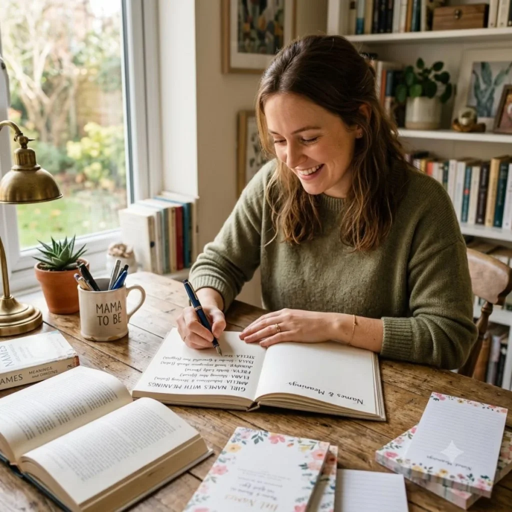 A smiling woman writes a girl names with meanings list in a journal at a wooden desk with a mama to be mug.