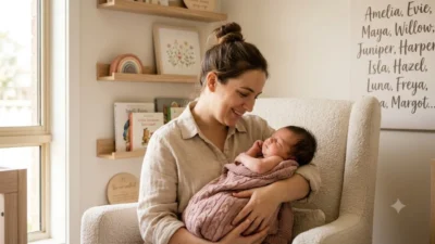 A smiling mother holds her newborn baby girl wrapped in a pink blanket in a nursery with a name list poster.
