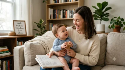 A mother smiles at her baby boy as she holds a notebook with baby names in a cozy living room.
