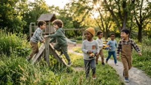 A diverse group of happy young boys playing together at a sunny outdoor park playground.