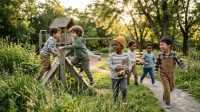 A diverse group of happy young boys playing together at a sunny outdoor park playground.