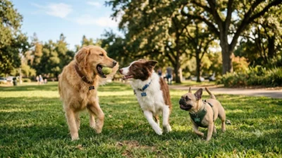 Three different dog breeds playing together on green grass at a sunny park showcasing unique personalities.