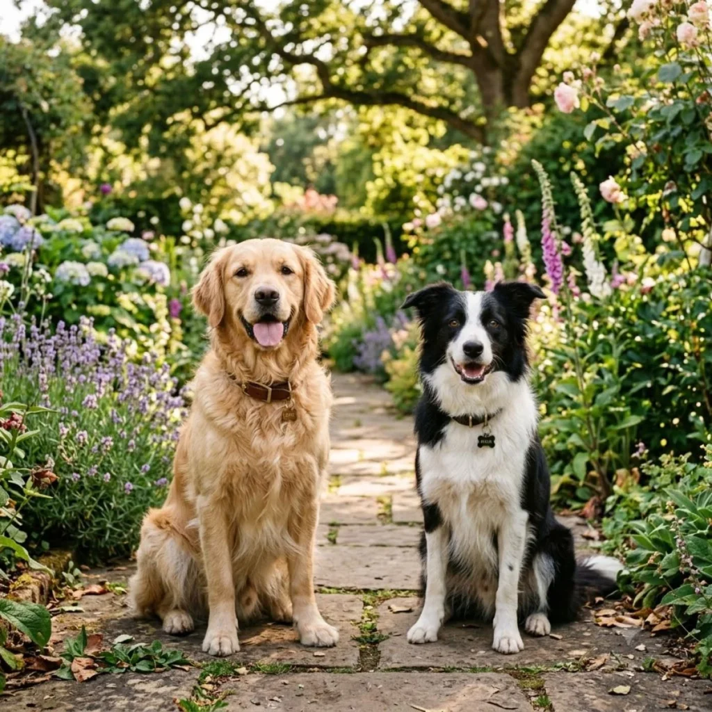 A golden retriever and a border collie sitting side by side on a stone garden path surrounded by colorful flowers.