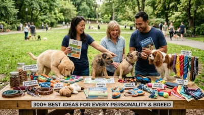 Three people and diverse dog breeds with pet gear at an outdoor park table.