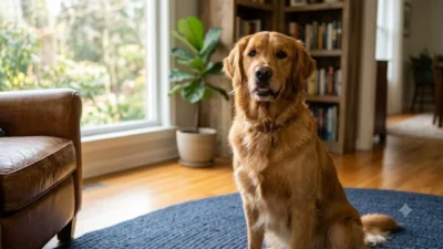 A majestic golden retriever sitting on a blue rug in a sunlit living room with a leather chair and bookshelf.