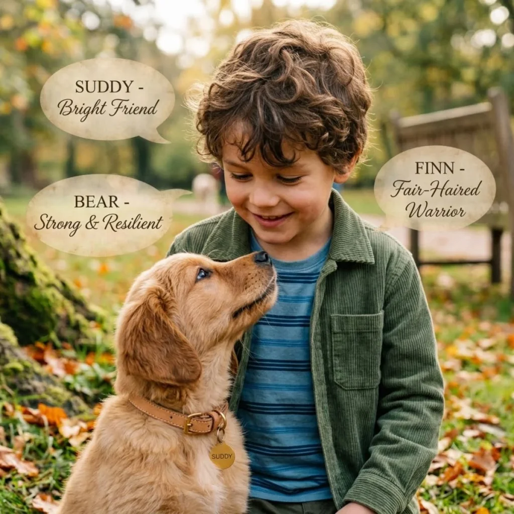 A boy and puppy in a park with text bubbles showing boy dog names and meanings like Suddy, Bear, and Finn.