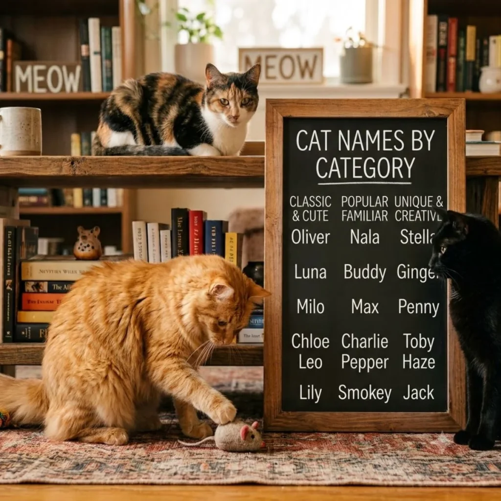 Three cats sit by a chalkboard listing name ideas categorized into classic, popular, and unique groups.