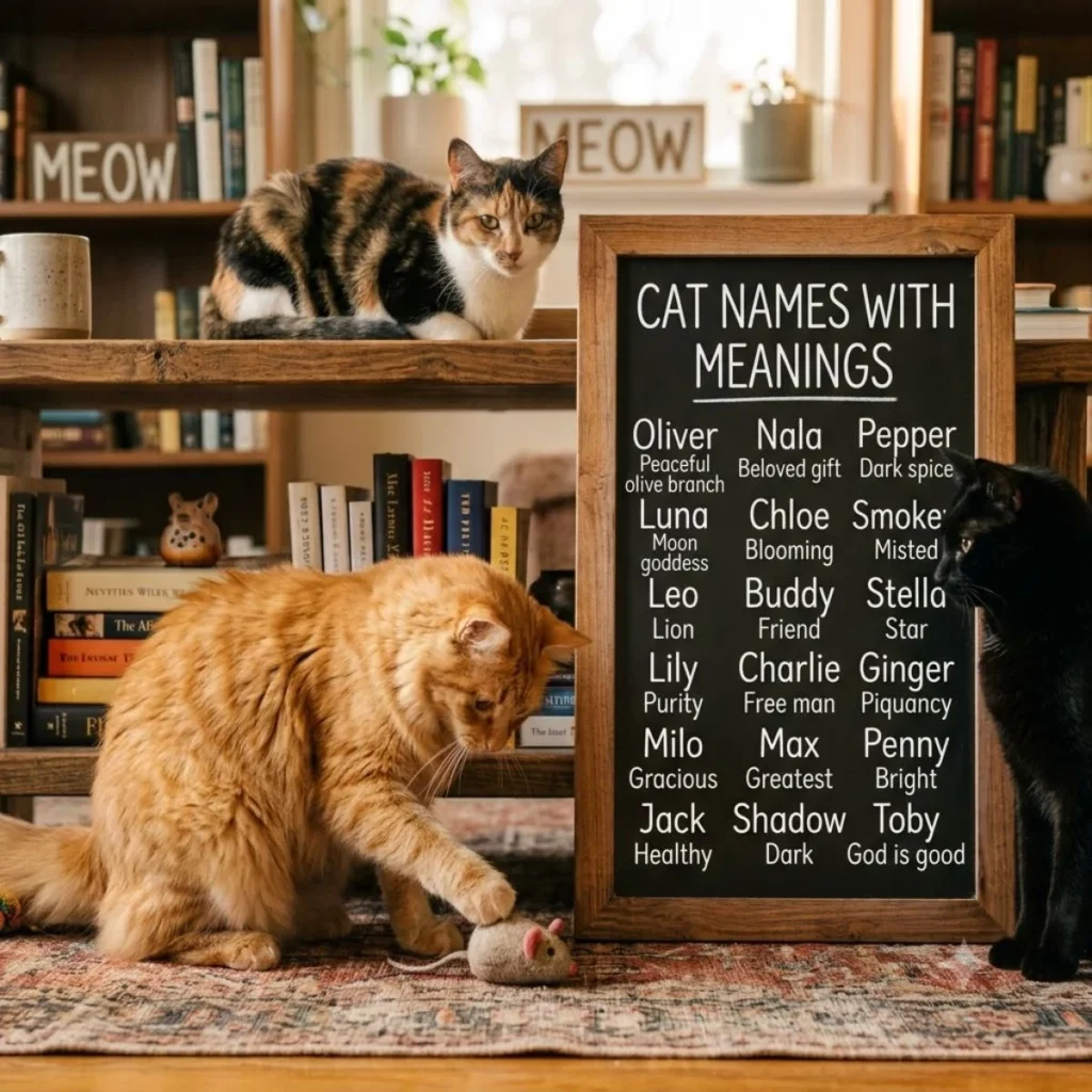 Three cats stand near a wooden chalkboard displaying cat names and their meanings in a cozy library room.