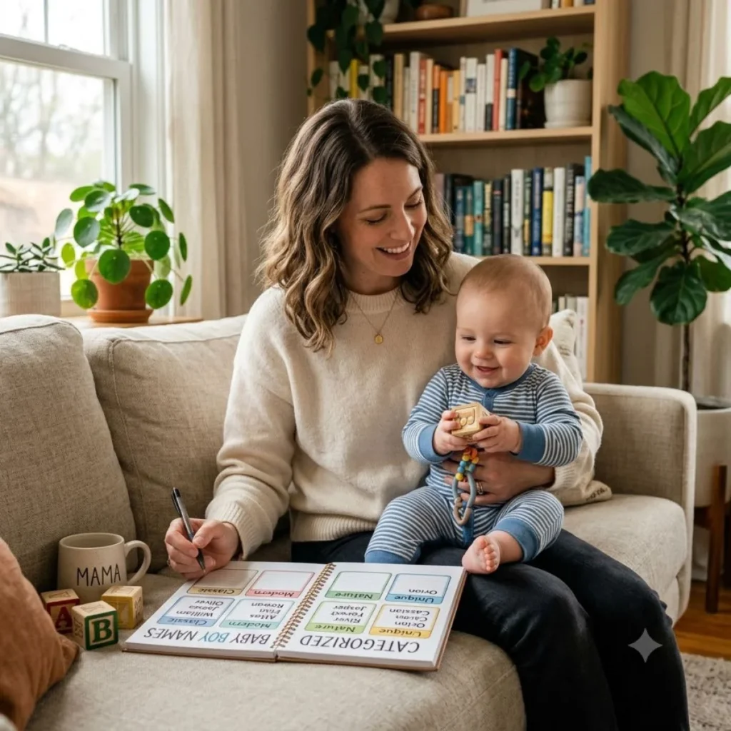 A mother holding a pen sits with her baby boy next to a book titled Categorized Baby Boy Names.