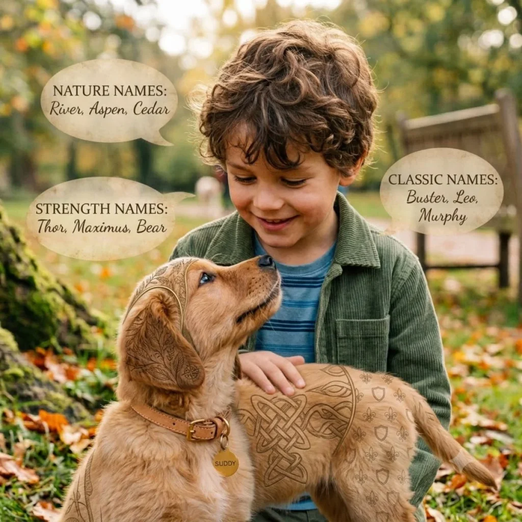A boy with a puppy featuring nature, strength, and classic name categories overlaid in speech bubbles.