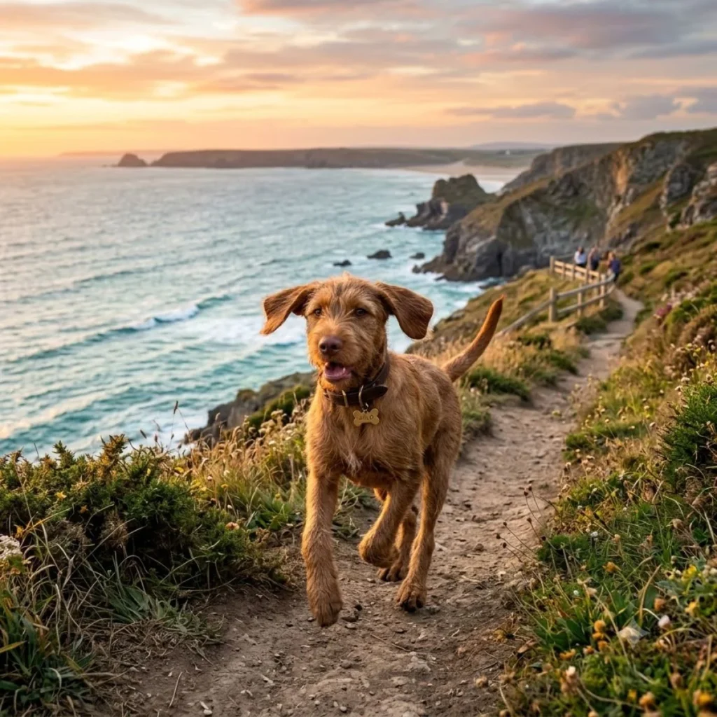 A brown wire-haired puppy running down a dirt path along a scenic cliffside overlooking the ocean at sunset.