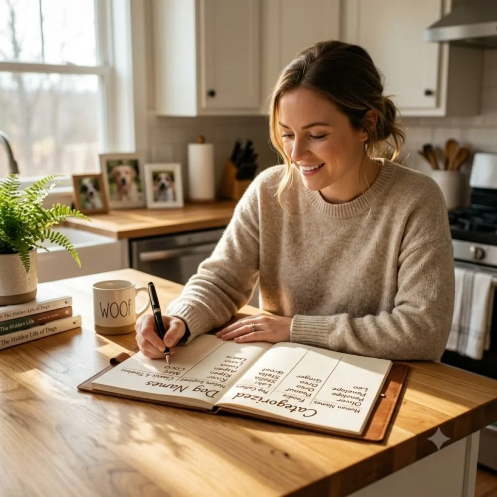 A smiling woman writing a categorized dog names list in a leather notebook on a wooden kitchen island.
