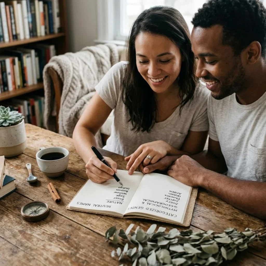 A smiling couple organizes a list of gender neutral names into categories like nature and mythology in a journal.