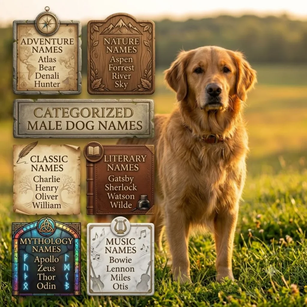A golden retriever standing in a grassy field next to themed plaques displaying categorized male dog names.
