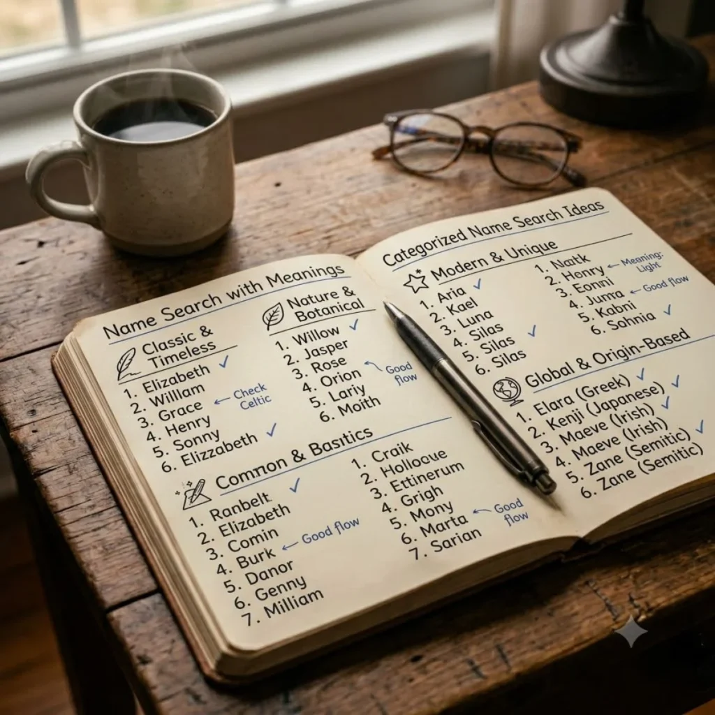 An open journal on a rustic table displaying organized lists of names by categories like classic, modern, and nature.