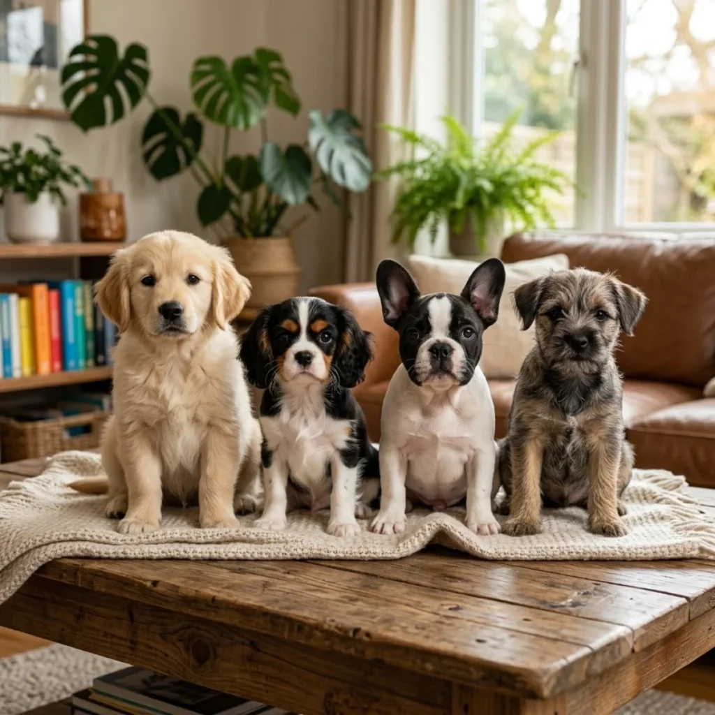 Four different puppy breeds sitting together in a row on a woven blanket over a wooden coffee table in a living room.