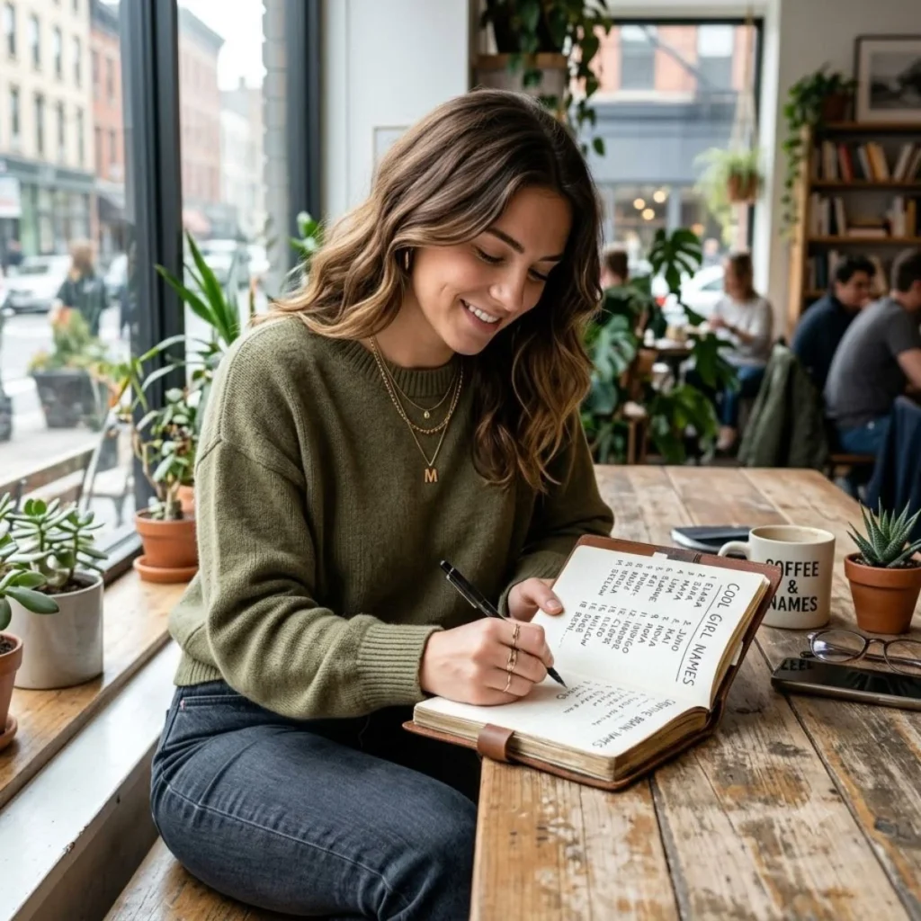 A smiling young woman sits at a cafe table writing a cool girl names list in a leather-bound notebook.