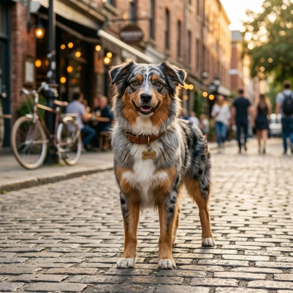 A beautiful blue merle Australian Shepherd stands proudly on a cobblestone city street during sunset.
