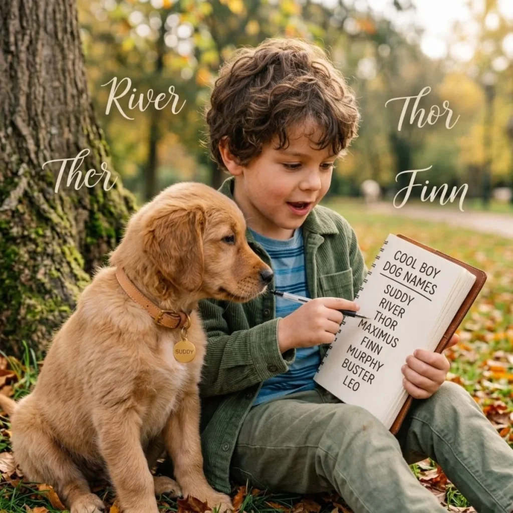 A boy pointing to a list of cool boy dog names in a notebook next to a golden retriever puppy in a park.