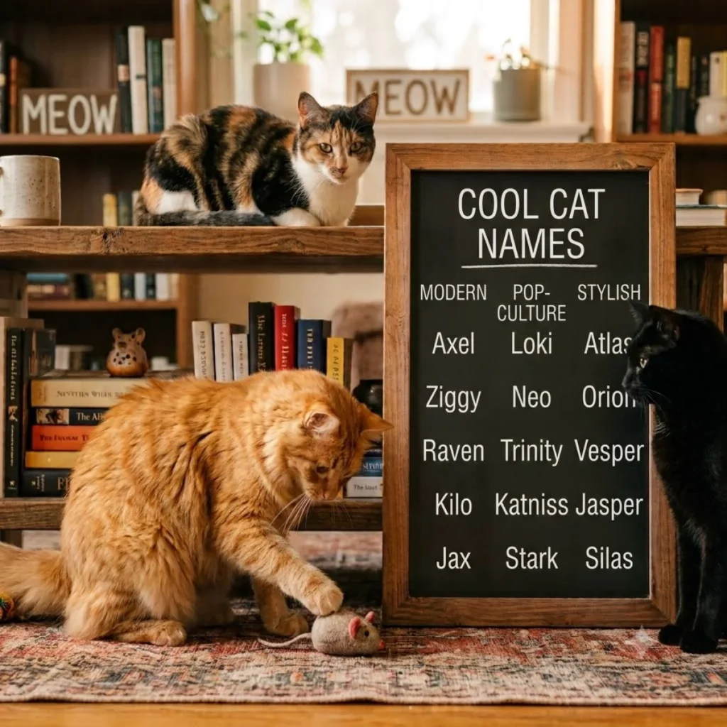 Three cats stand around a wooden chalkboard showcasing columns of modern, pop culture, and stylish cat names.