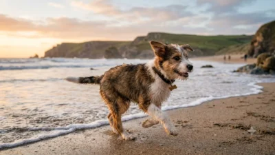 A joyful scruffy puppy running along the sandy shoreline of a beach during a vibrant sunset.