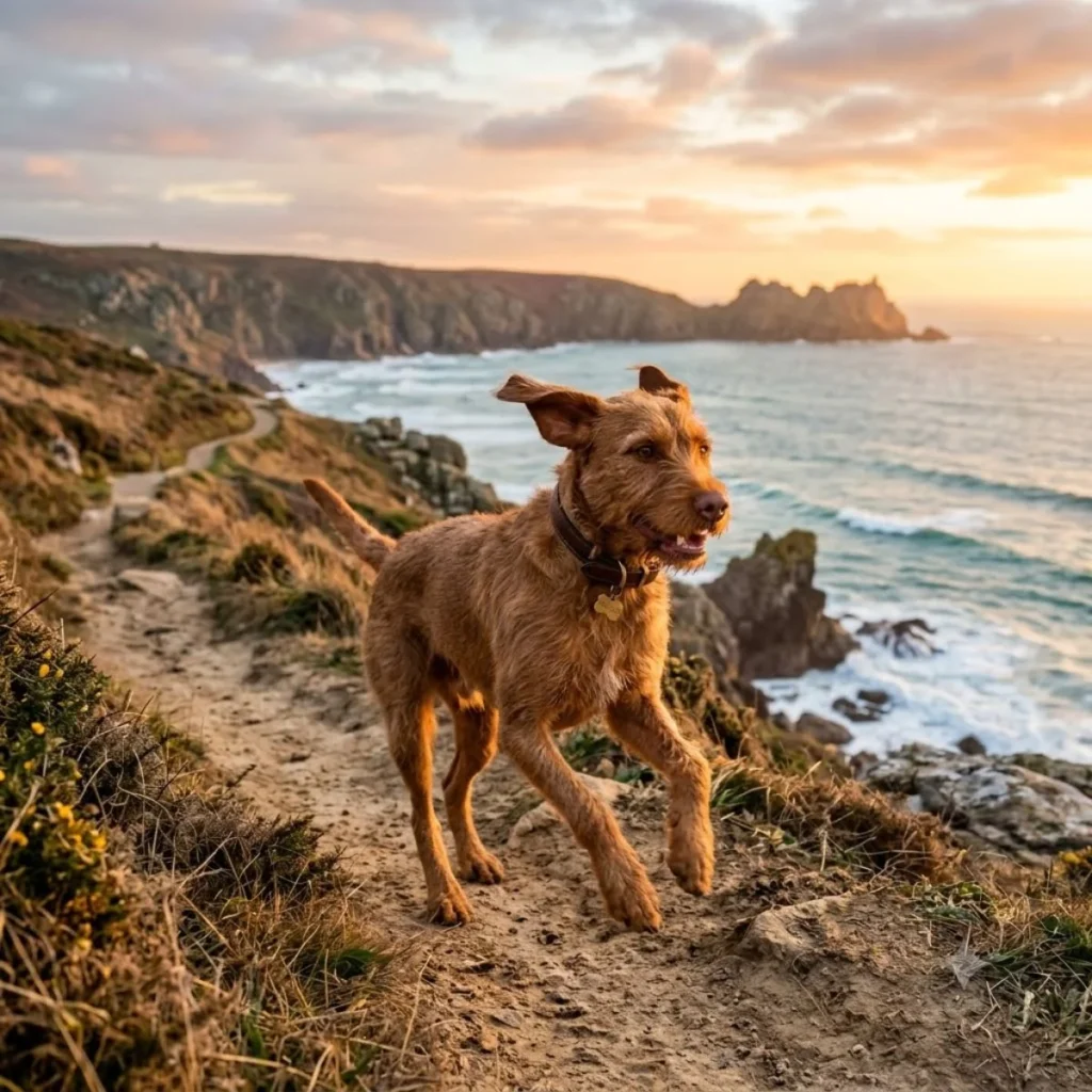 A wire-haired terrier mix happily trotting along a scenic dirt path overlooking dramatic coastal cliffs at sunset.