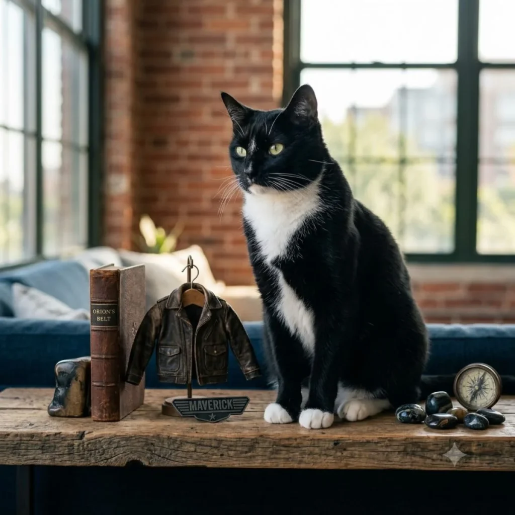 A black and white tuxedo cat sits on a wooden table next to a miniature leather jacket and a Maverick nameplate.