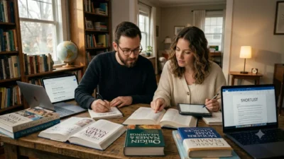 A couple sitting together at a desk filled with books and laptops, researching name meanings.