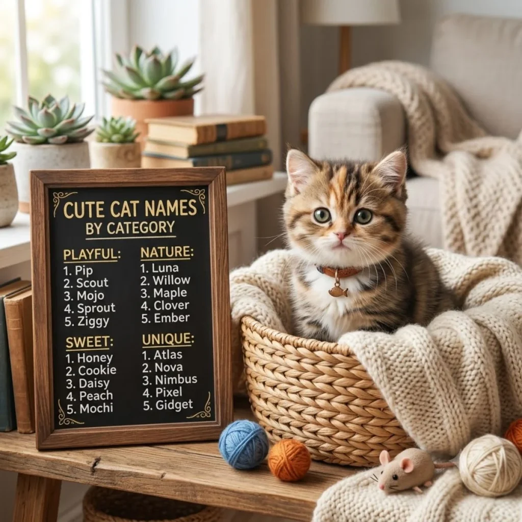 A fluffy tabby kitten sits in a woven basket next to a chalkboard displaying cat names sorted by category.