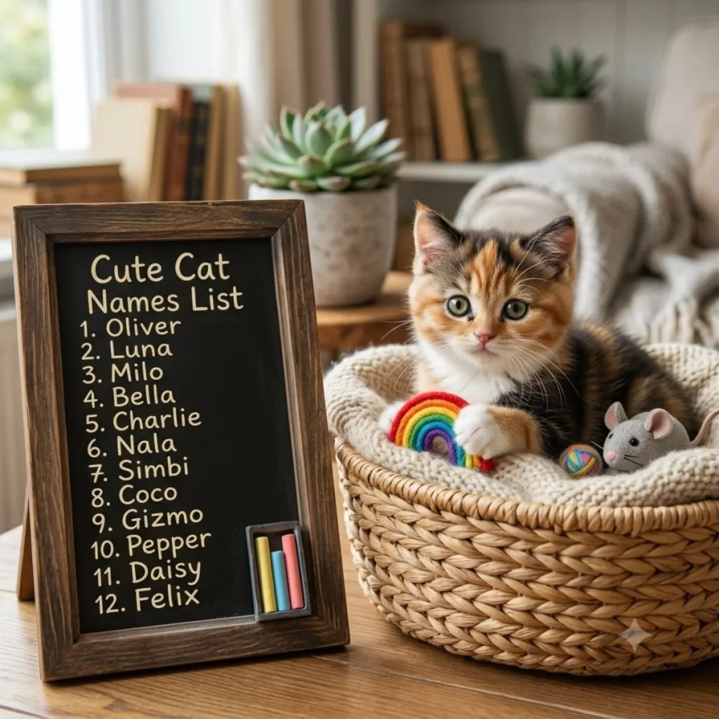 An adorable calico kitten sitting in a woven basket next to a chalkboard listing popular pet names.