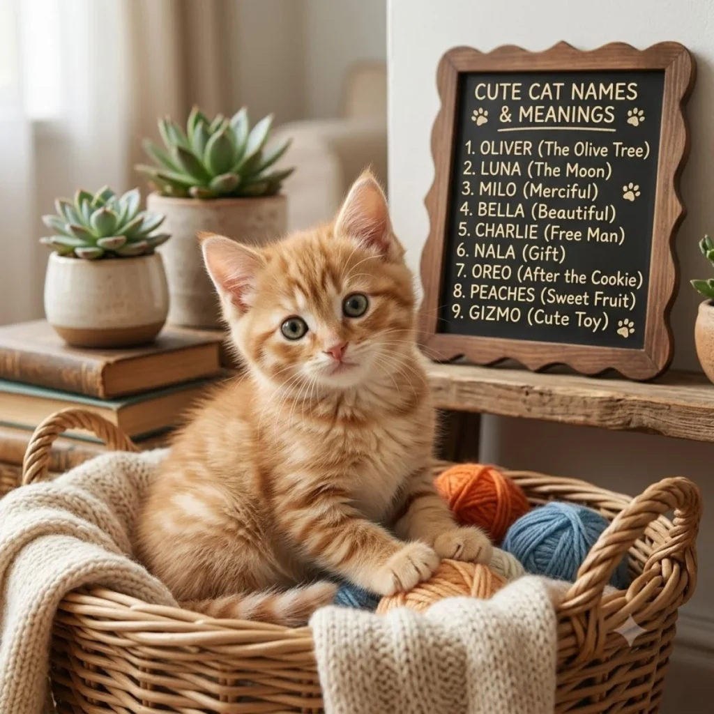 An orange tabby kitten sits in a basket of yarn next to a wooden sign listing cat names with meanings.