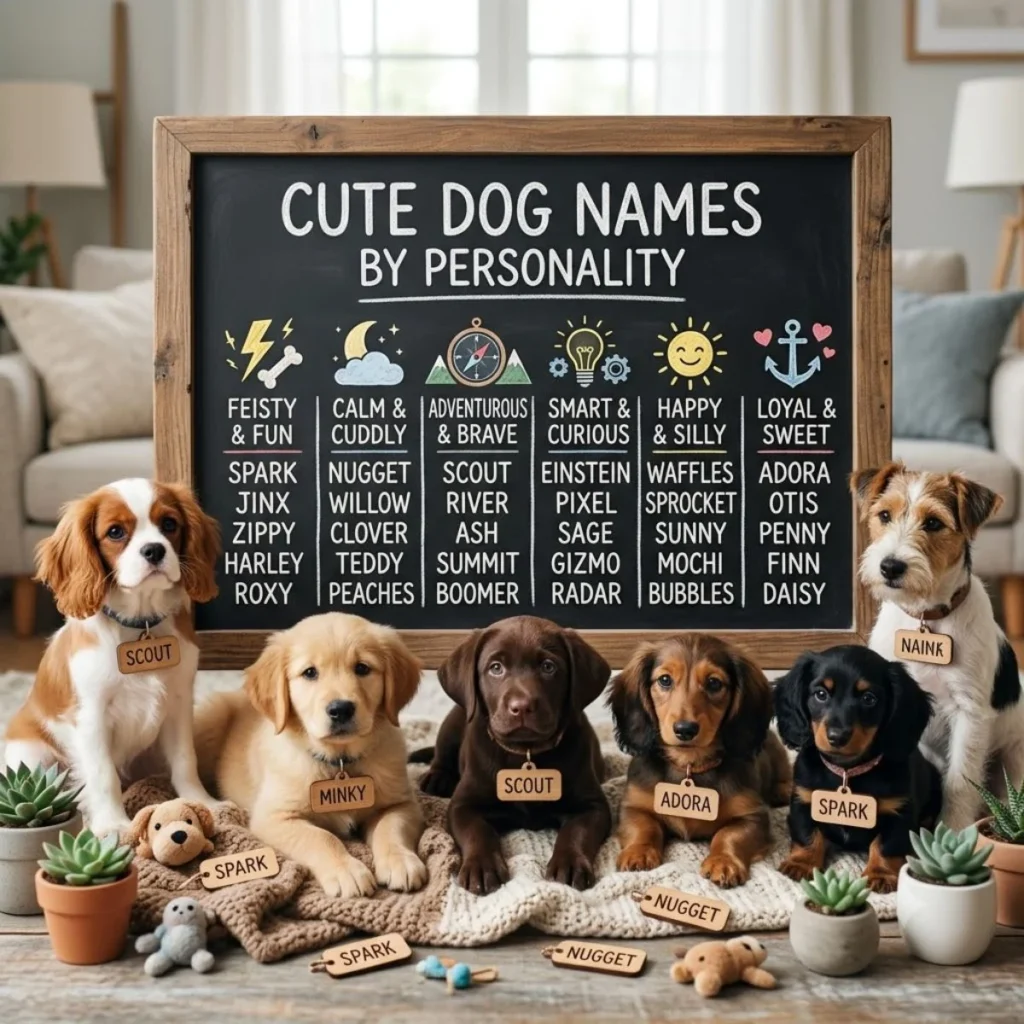 Six cute puppies sitting below a large chalkboard chart categorized by different dog personality traits.