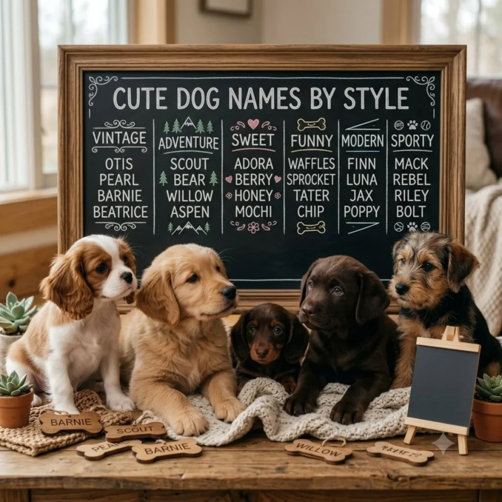 Five cute puppies sitting in front of a chalkboard listing dog names categorized by style.