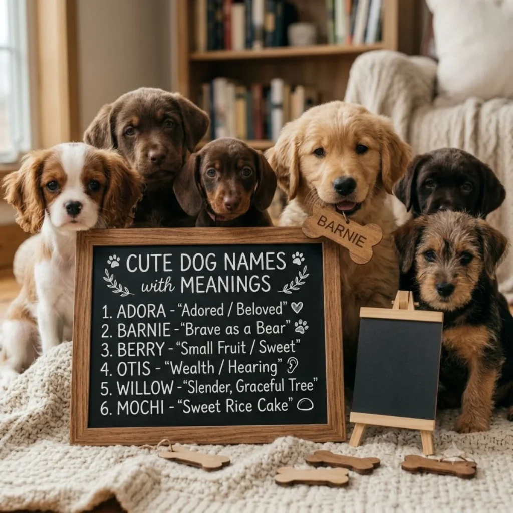 Six adorable puppies gathered around a wooden chalkboard displaying cute dog names and their meanings.