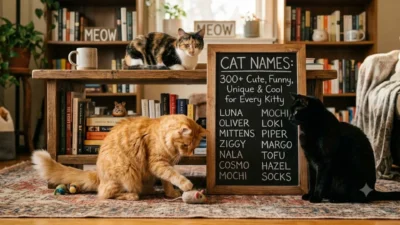 Three cats sit next to a chalkboard listing creative name ideas in a cozy living room.