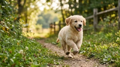 A cute golden retriever puppy running happily down a sunny dirt path surrounded by green grass and wildflowers.