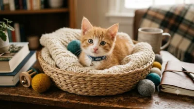 An orange and white tabby kitten wearing a blue collar sits in a woven basket on a rustic wooden desk