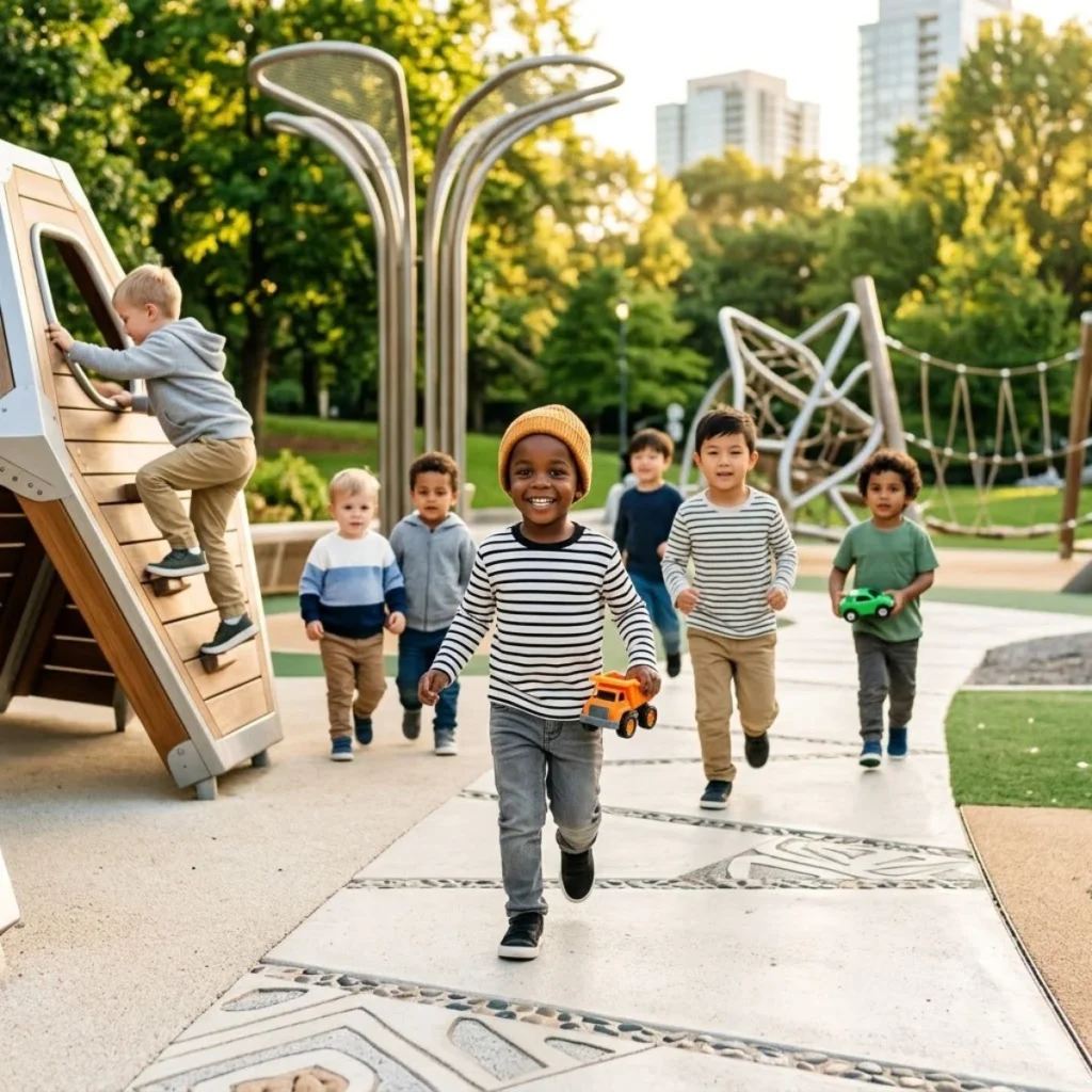 A group of diverse young boys enjoying a sunny day at a modern playground.