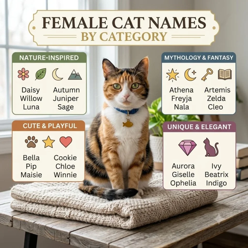 A calico cat sitting on a folded blanket surrounded by graphic boxes categorizing female cat names by theme