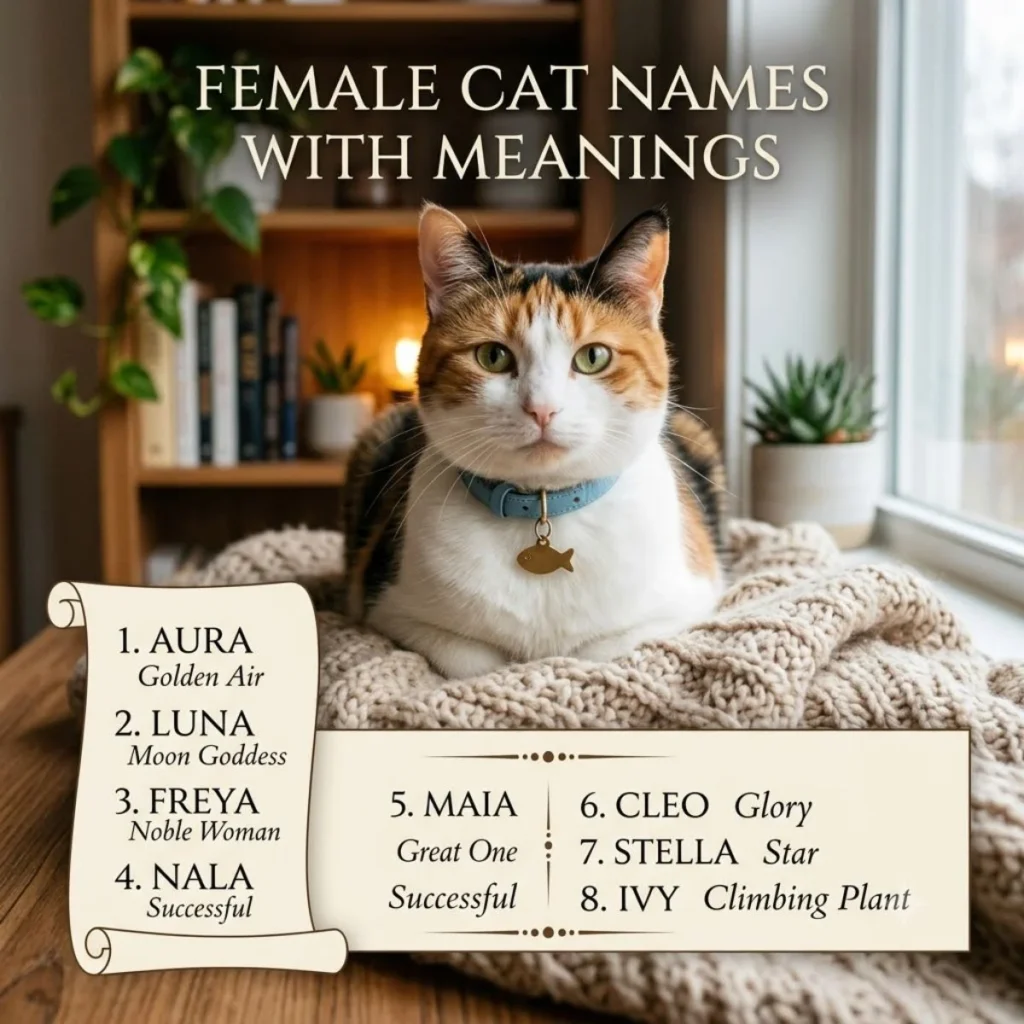 A calico cat lying on a knit blanket near a window with a graphic list of female cat names and their meanings