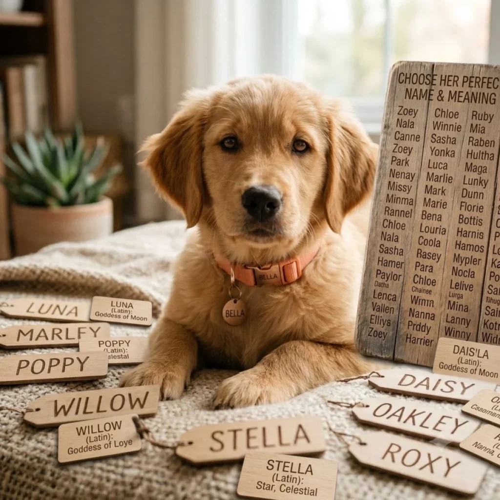 A golden retriever puppy lying by a large wooden list and small tags showing female dog names with their meanings.