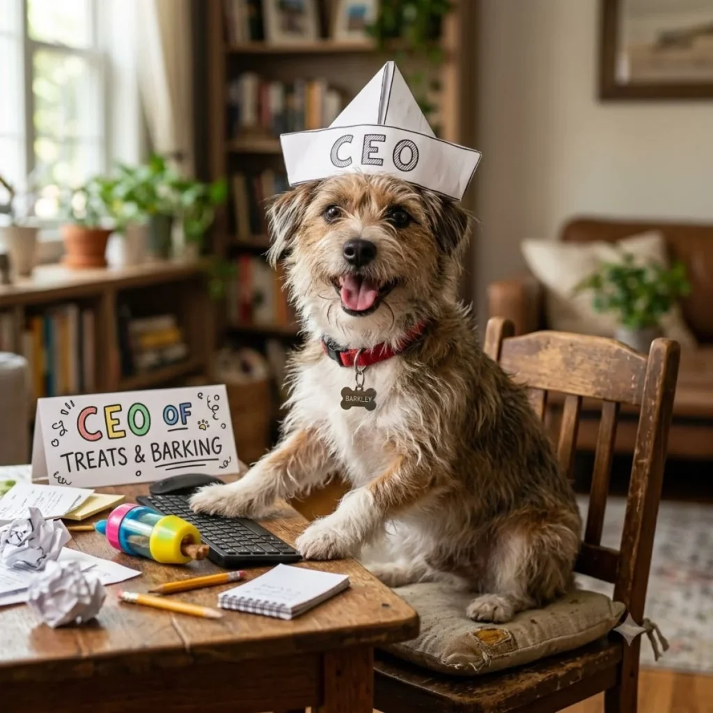 A small scruffy dog wearing a paper hat sits at a wooden desk filled with office supplies.