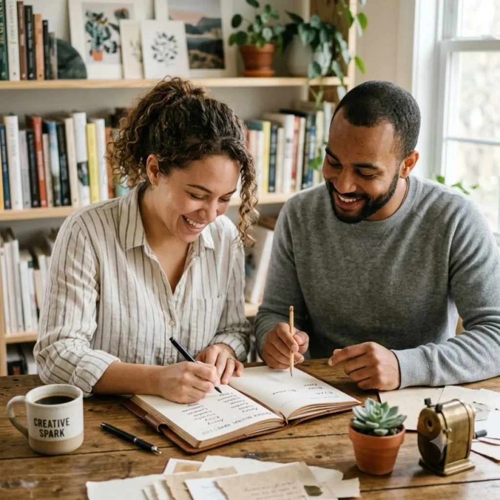A smiling couple sitting at a wooden table writing down a list of gender neutral baby names in a journal.