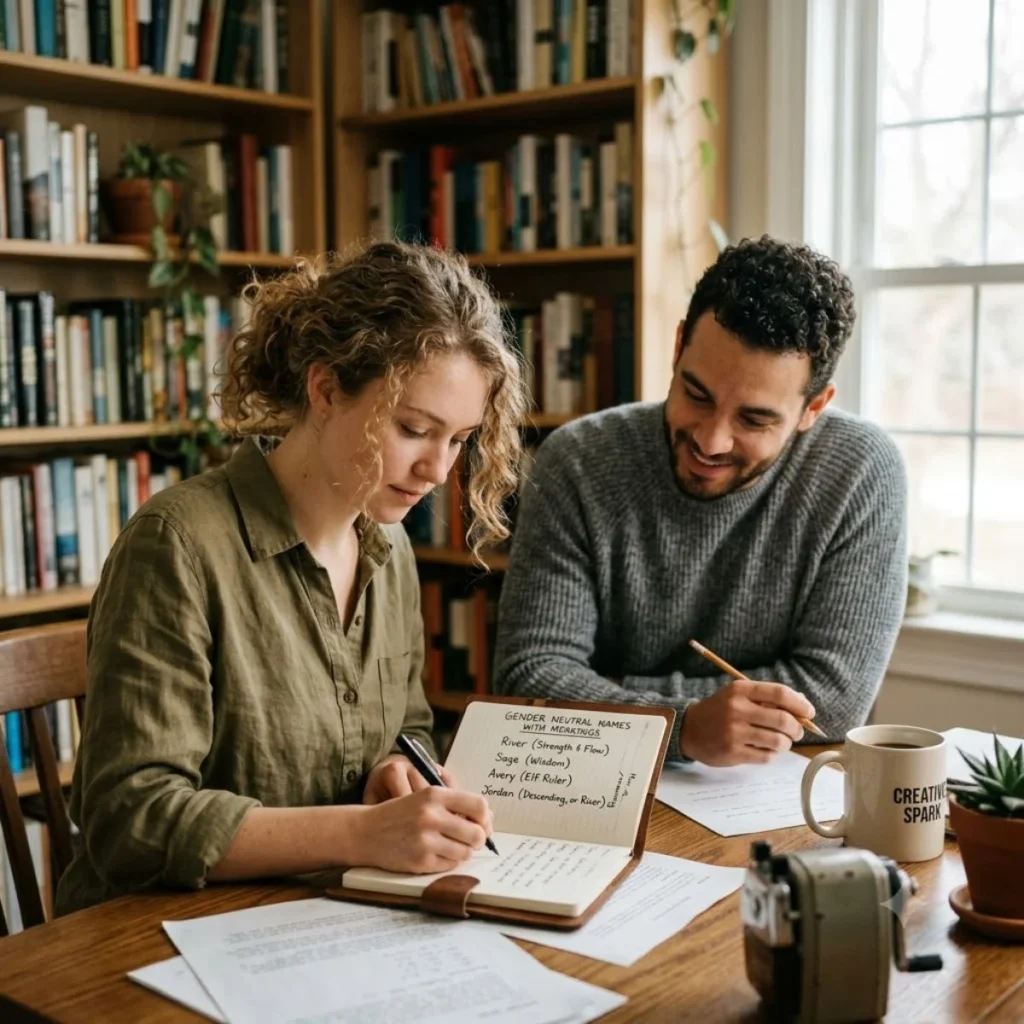 A man and woman reviewing a handwritten list of gender neutral names and meanings in a cozy home library.