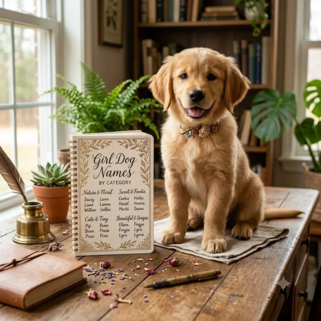 A golden retriever puppy sitting on a wooden desk next to a notebook listing girl dog names by category.